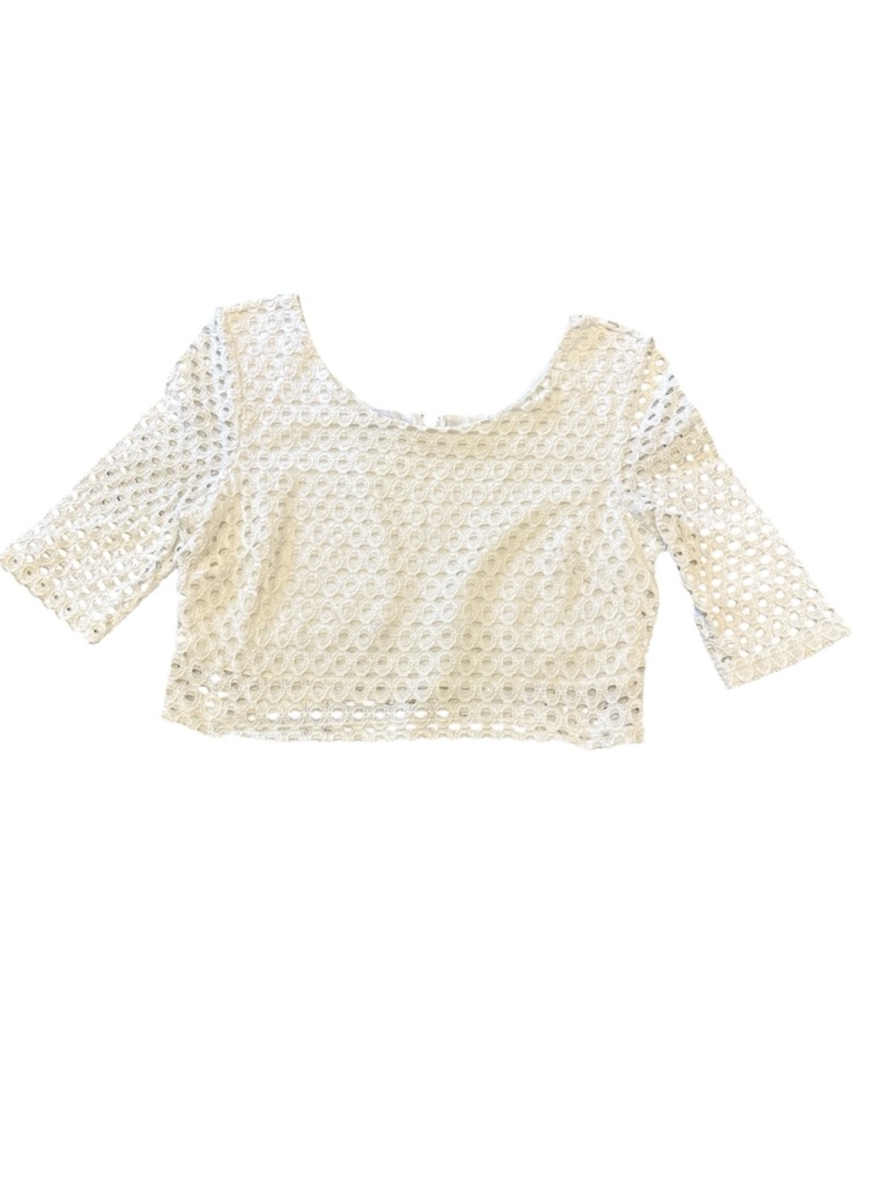Bebe Lace Crochet-like Scoop Neck Crop Top in Cream, size L (fits Small)